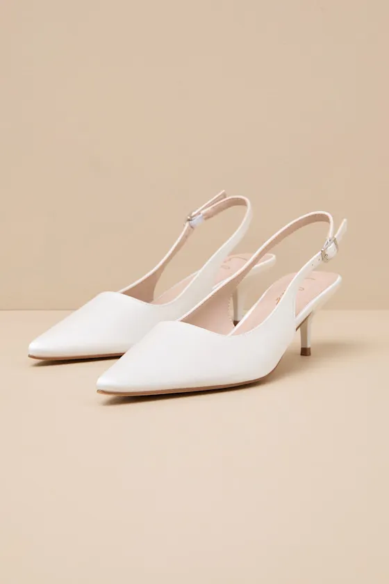 Agnesca White Satin Slingback Kitten Heel Pumps sold by Lulus