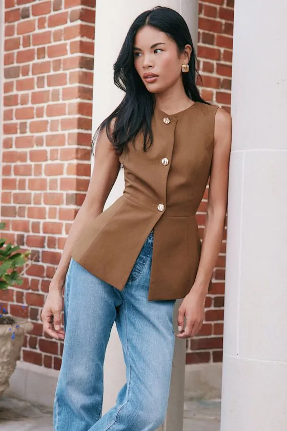 Anslie Brown Button-Front Peplum Vest Top sold by Lulus