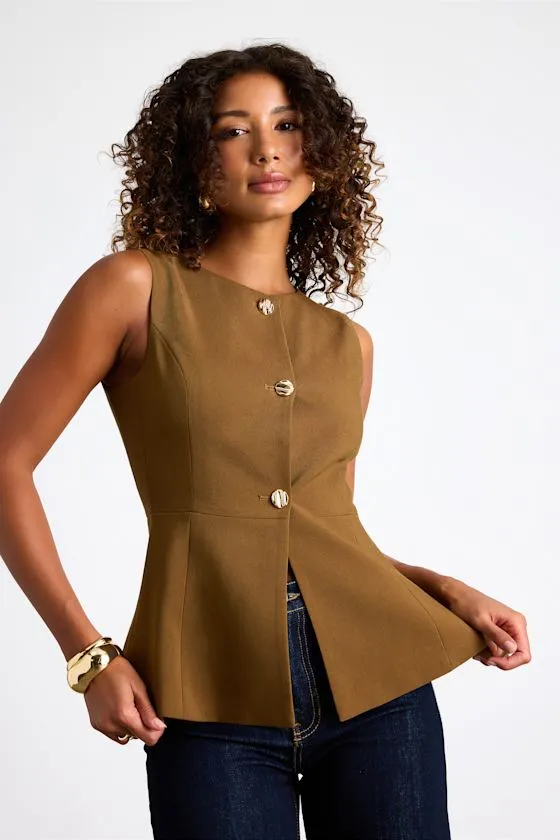 Anslie Brown Button-Front Peplum Vest Top sold by Lulus product image thumbnail 2