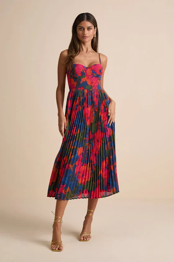 Dorothy Dark Blue Multi Floral Print Pleated Midi Dress sold by Lulus product image thumbnail 2