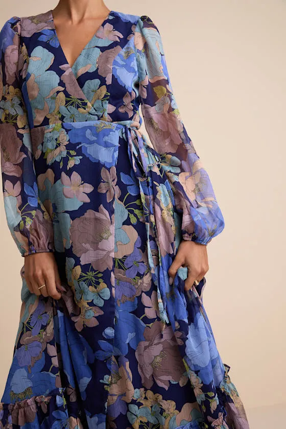 Feeling Sweet Navy Floral Print Long Sleeve Wrap Maxi Dress sold by Lulus