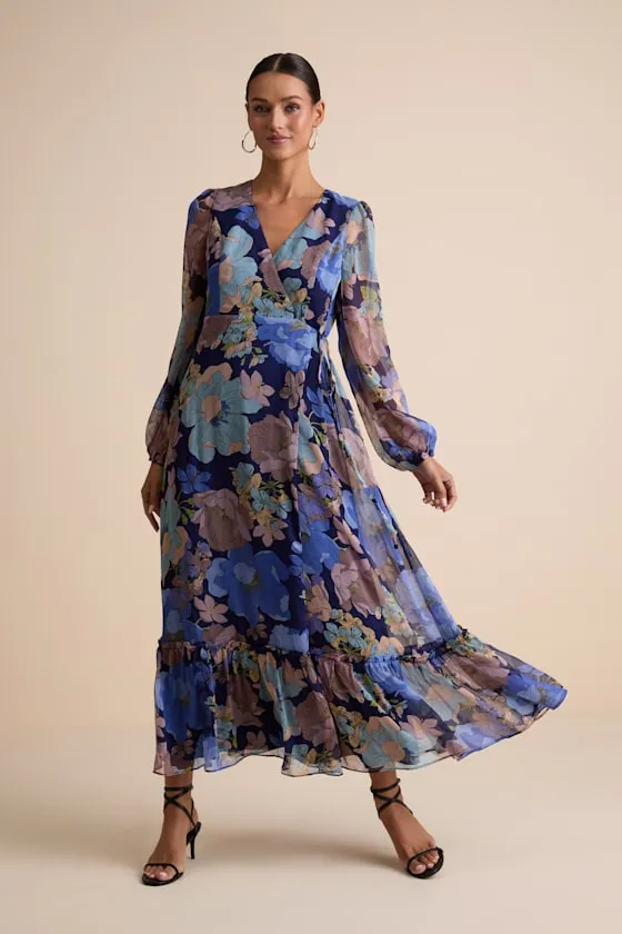 Feeling Sweet Navy Floral Print Long Sleeve Wrap Maxi Dress sold by Lulus product image thumbnail 2