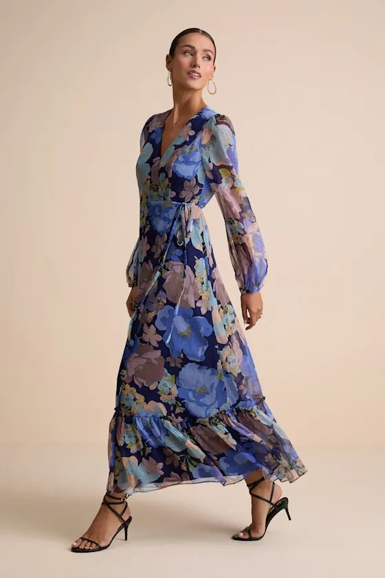 Feeling Sweet Navy Floral Print Long Sleeve Wrap Maxi Dress sold by Lulus product image thumbnail 4