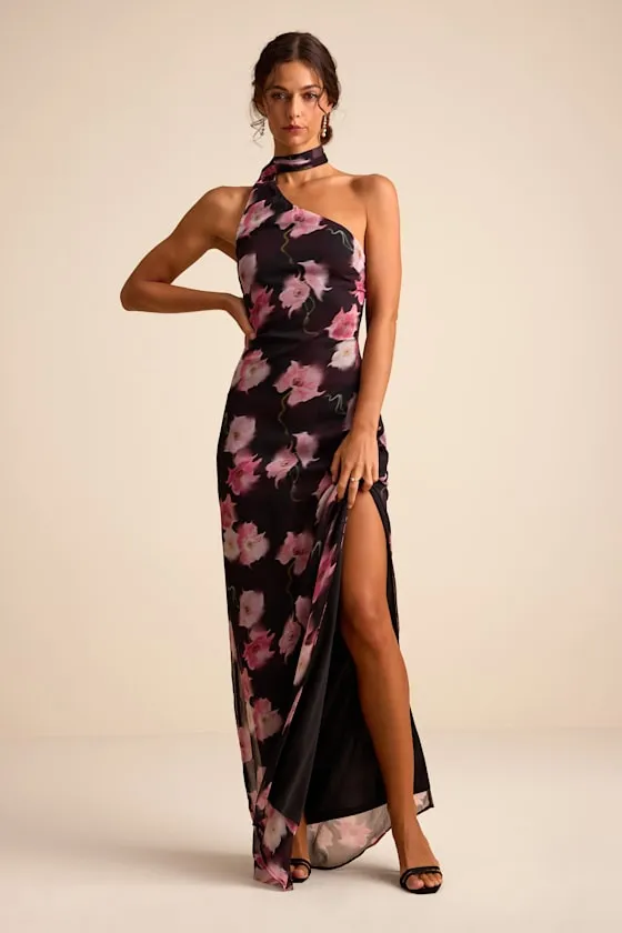 Leighna Plum and Pink Floral One-Shoulder Scarf Maxi Dress sold by Lulus