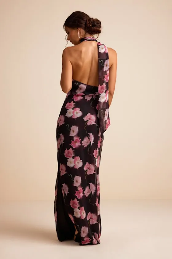 Leighna Plum and Pink Floral One-Shoulder Scarf Maxi Dress sold by Lulus product image thumbnail 3