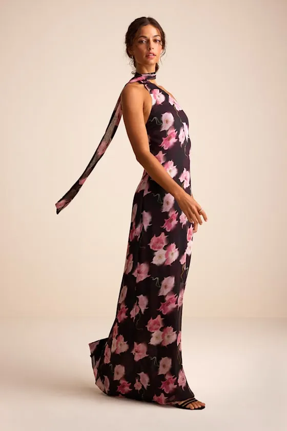 Leighna Plum and Pink Floral One-Shoulder Scarf Maxi Dress sold by Lulus product image thumbnail 4