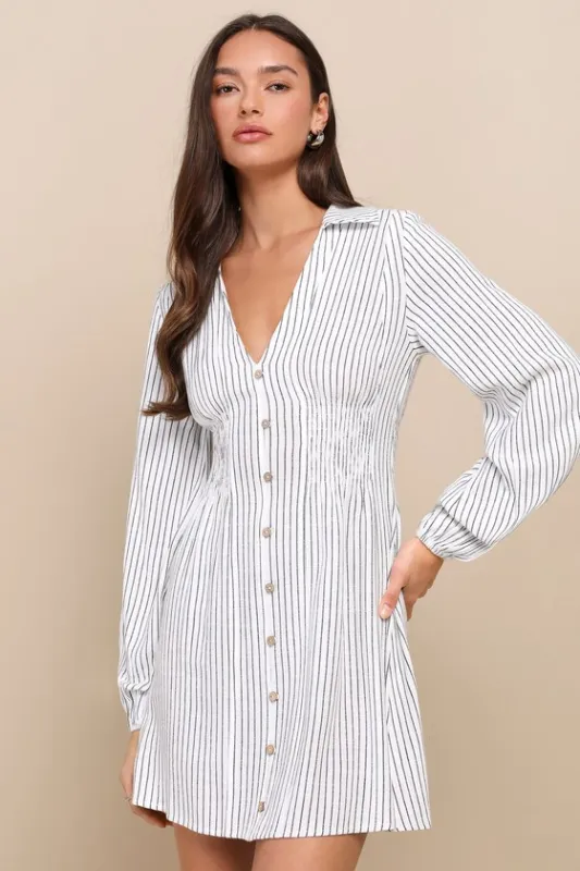 Breezy Sweetie Ivory and Black Striped Smocked Linen Mini Dress sold by Lulus
