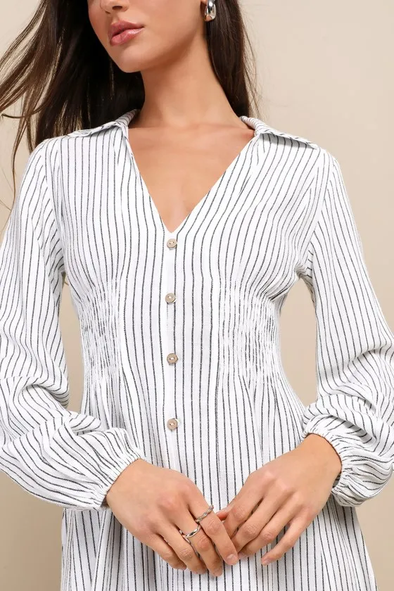 Breezy Sweetie Ivory and Black Striped Smocked Linen Mini Dress sold by Lulus product image thumbnail 4