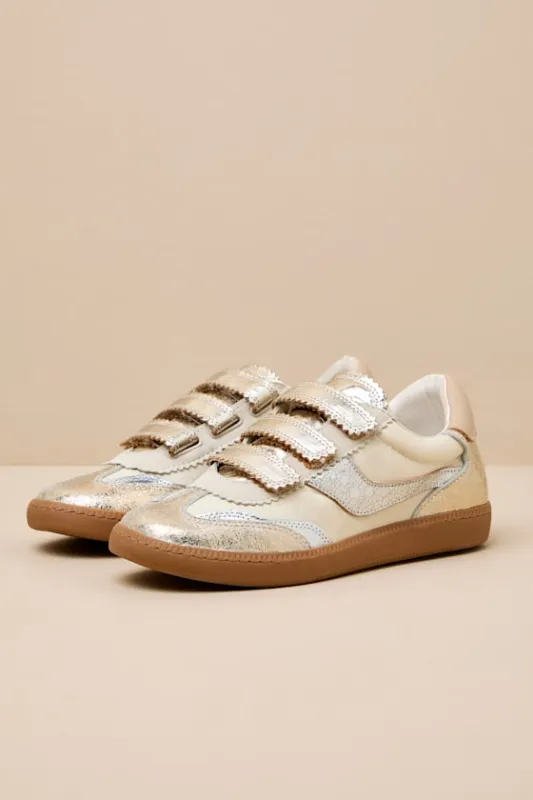 Notice Silver and Gold Distressed Leather Velcro Sneakers sold by Lulus