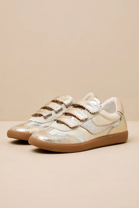 Notice Silver and Gold Distressed Leather Velcro Sneakers sold by Lulus