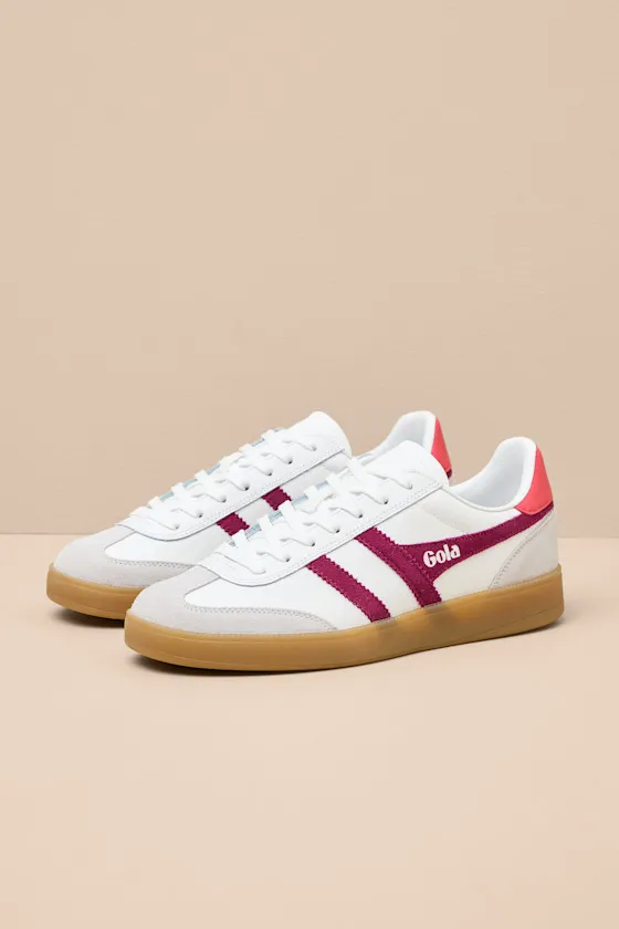 Viper White and Cerise Leather Lace-Up Sneakers sold by Lulus