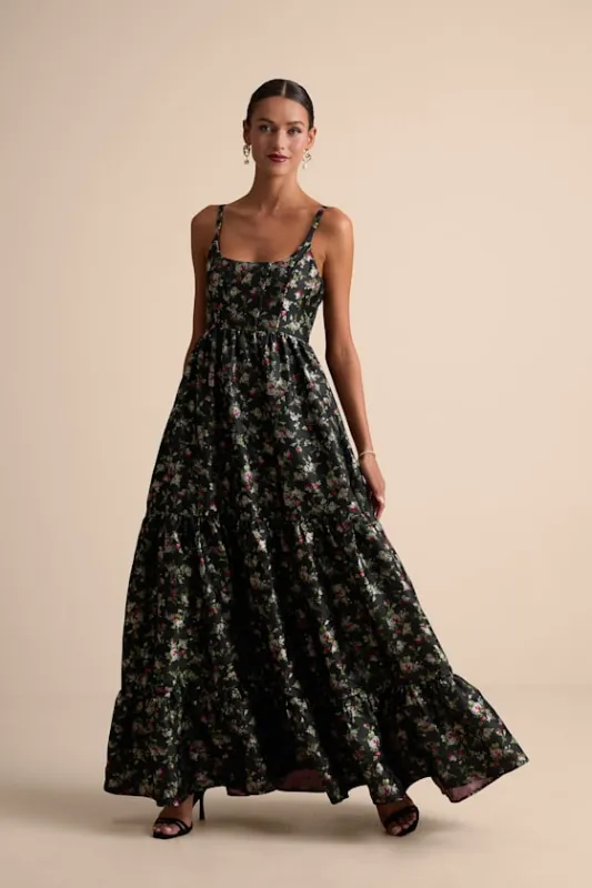 Avalie Black Floral Tiered Bustier Maxi Dress sold by Lulus