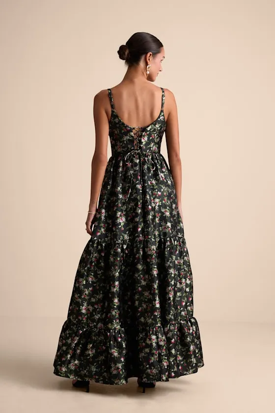 Avalie Black Floral Tiered Bustier Maxi Dress sold by Lulus product image thumbnail 3