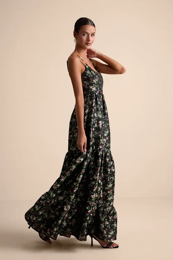 Avalie Black Floral Tiered Bustier Maxi Dress sold by Lulus product image thumbnail 4