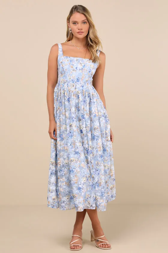 Colwyn Light Blue Floral Jacquard Bustier Midi Dress sold by Lulus