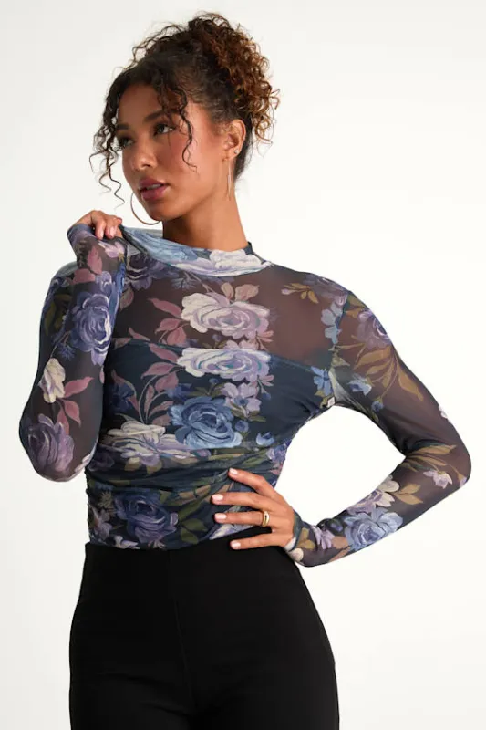 Clearly Alluring Blue Floral Mesh Long Sleeve Mock Neck Bodysuit sold by Lulus