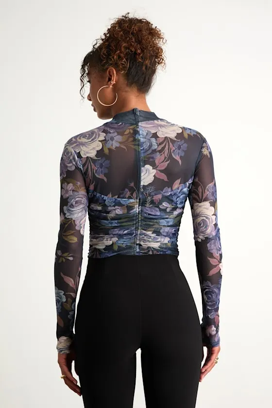 Clearly Alluring Blue Floral Mesh Long Sleeve Mock Neck Bodysuit sold by Lulus product image thumbnail 2