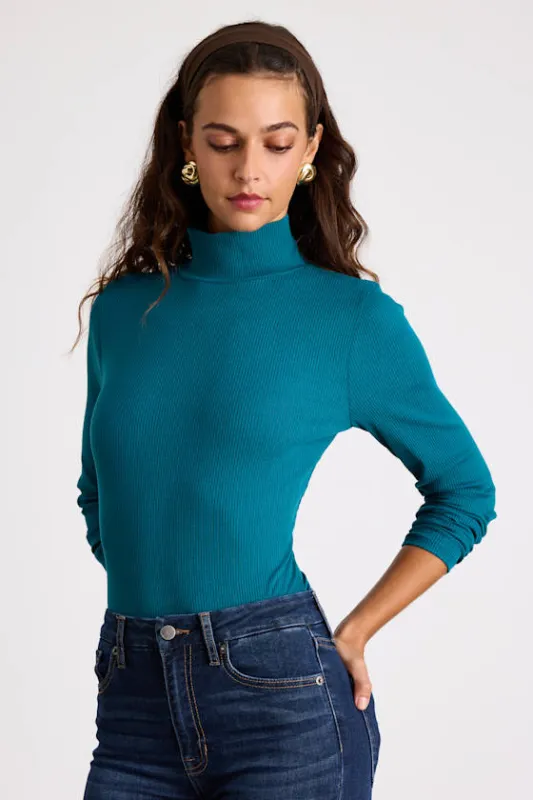 Wilde Teal Ribbed Long Sleeve Mock Neck Bodysuit sold by Lulus