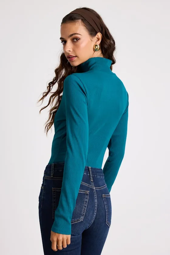 Wilde Teal Ribbed Long Sleeve Mock Neck Bodysuit sold by Lulus product image thumbnail 2