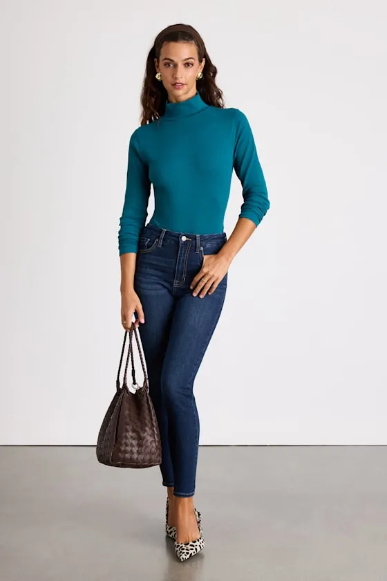 Wilde Teal Ribbed Long Sleeve Mock Neck Bodysuit sold by Lulus product image thumbnail 3