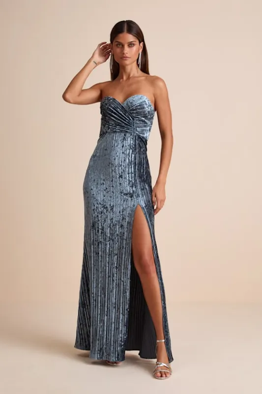 Classy Sensation Slate Velvet Pleated Strapless Maxi Dress sold by Lulus