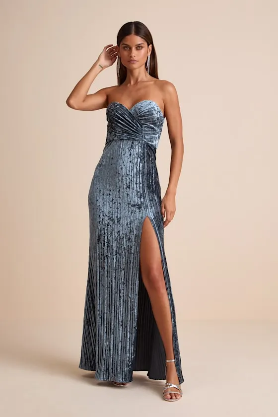 Classy Sensation Slate Velvet Pleated Strapless Maxi Dress sold by Lulus