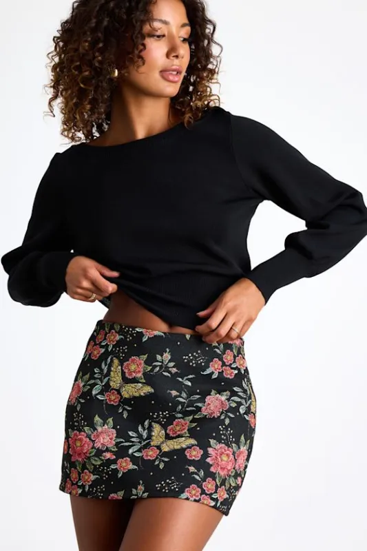 Ismerie Black Floral Jacquard Mid-Rise Skort sold by Lulus