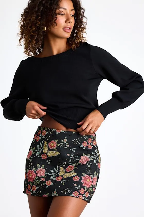 Ismerie Black Floral Jacquard Mid-Rise Skort sold by Lulus