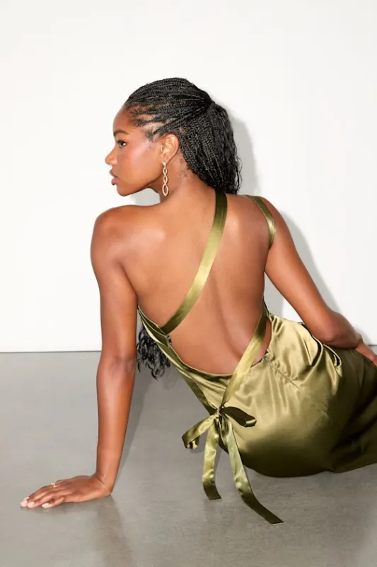 Yvonne Olive Green Satin One-Shoulder Midi Dress sold by Lulus