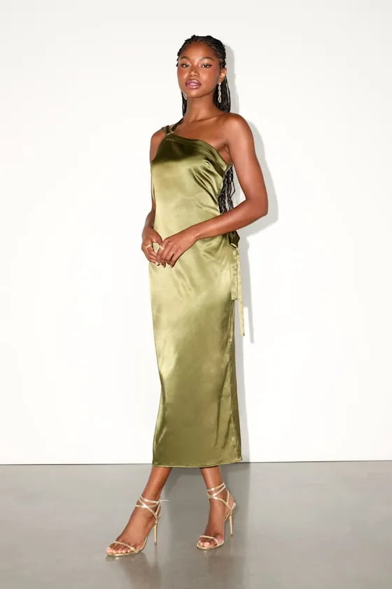 Yvonne Olive Green Satin One-Shoulder Midi Dress sold by Lulus product image thumbnail 2