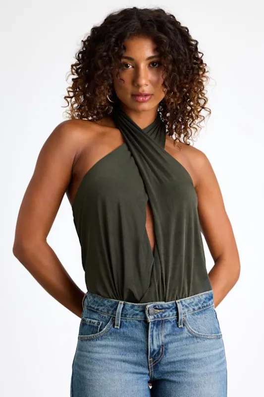 Jamison Dark Green Jersey Knit Cross-Front Halter Bodysuit sold by Lulus