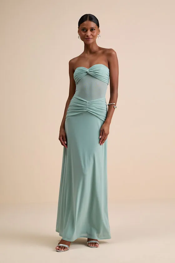 Ursella Sage Blue Mesh Strapless Maxi Dress sold by Lulus product image thumbnail 3