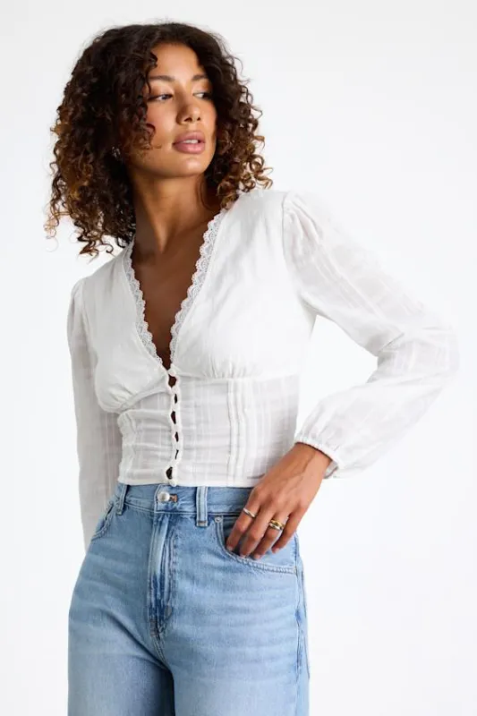 Keyra Ivory Button-Front Balloon Sleeve Crop Top sold by Lulus