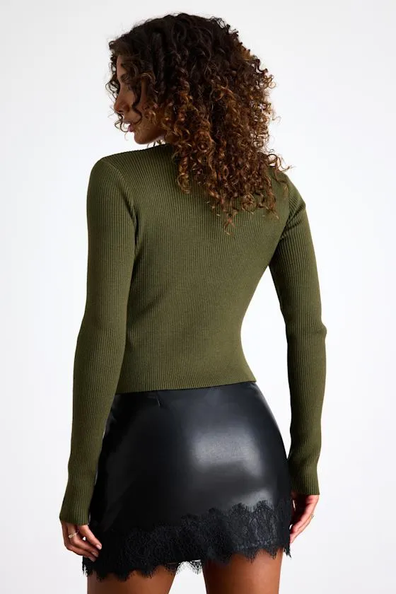 Mahita Olive Green Ribbed Cutout Button-Front Long Sleeve Top sold by Lulus product image thumbnail 3