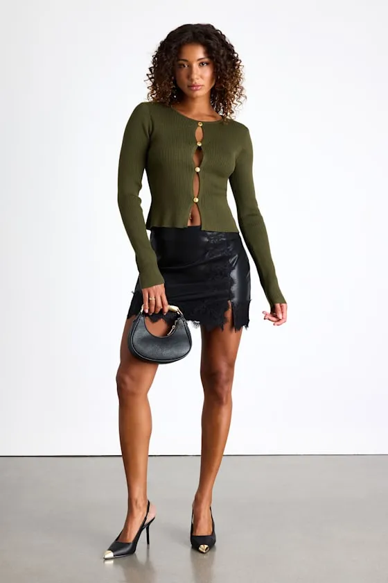 Mahita Olive Green Ribbed Cutout Button-Front Long Sleeve Top sold by Lulus product image thumbnail 4