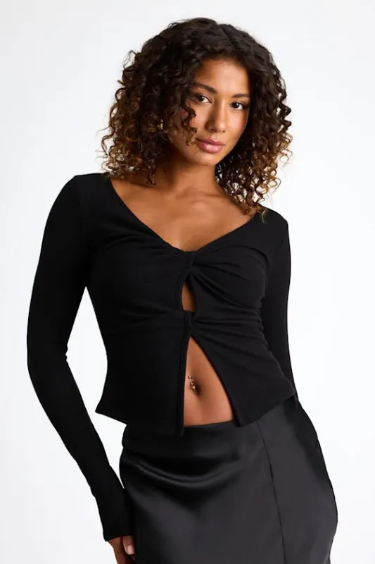 Lumirah Black Ribbed Knot-Front Cutout Long Sleeve Top sold by Lulus