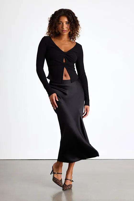 Lumirah Black Ribbed Knot-Front Cutout Long Sleeve Top sold by Lulus product image thumbnail 4