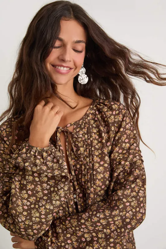 Noahlyn Brown Floral Pleated Long Sleeve Blouse sold by Lulus