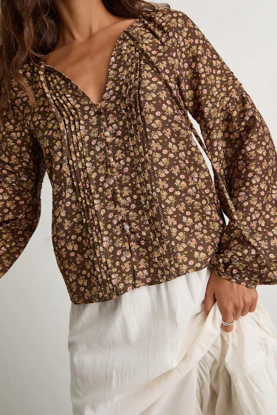 Noahlyn Brown Floral Pleated Long Sleeve Blouse sold by Lulus product image thumbnail 2