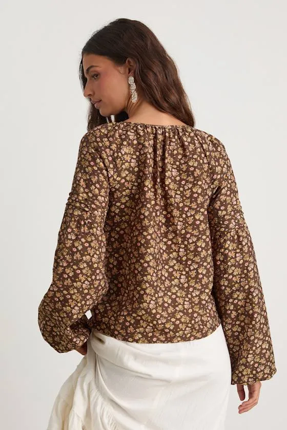 Noahlyn Brown Floral Pleated Long Sleeve Blouse sold by Lulus product image thumbnail 4