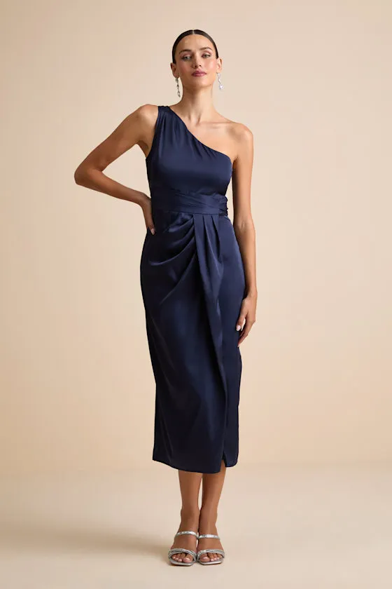 Rhema Navy Satin Midi Dress sold by Lulus
