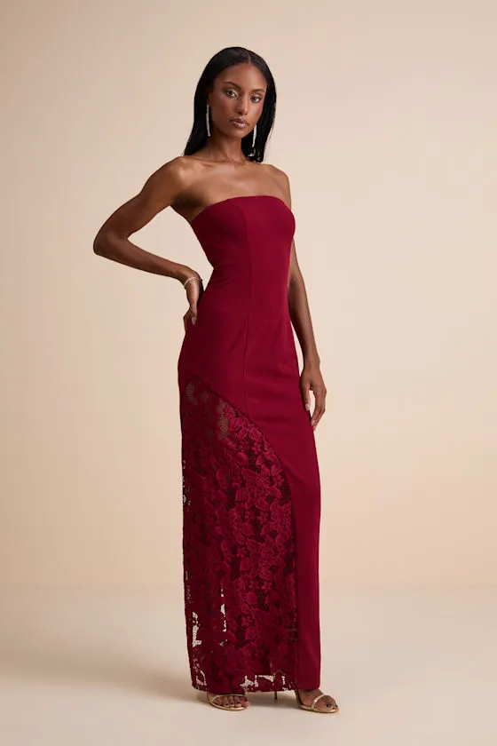 Irresistible Attitude Red Strapless Lace Column Maxi Dress sold by Lulus