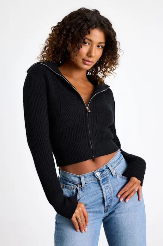 Cozy Inclination Black Cropped Zip-Front Collared Sweater sold by Lulus