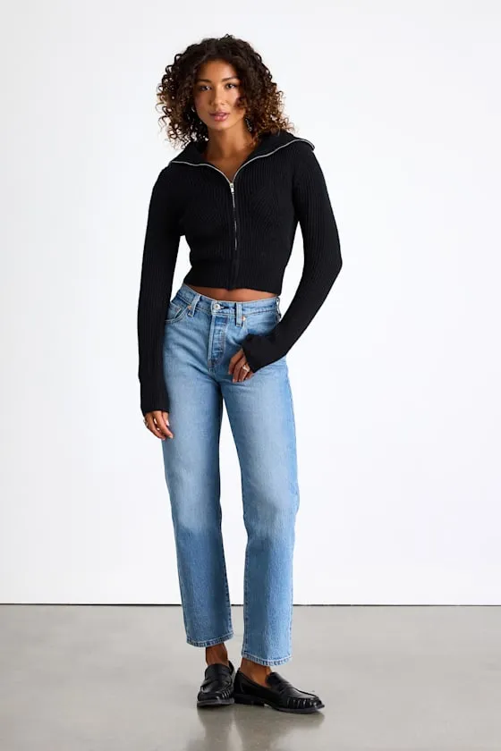 Cozy Inclination Black Cropped Zip-Front Collared Sweater sold by Lulus product image thumbnail 4