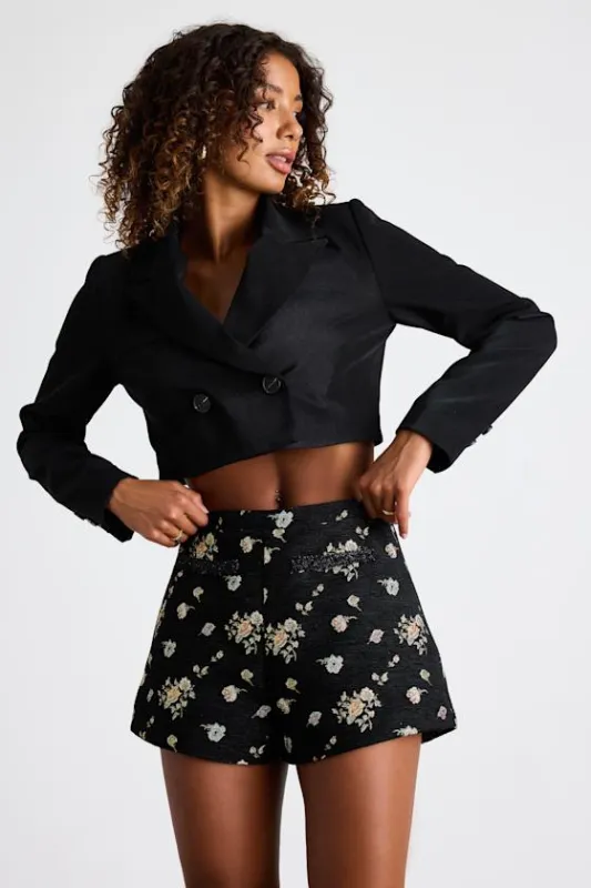 Iskra Black Floral Jacquard High-Rise Micro Shorts sold by Lulus