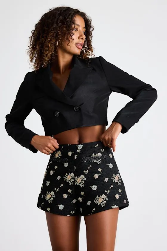 Iskra Black Floral Jacquard High-Rise Micro Shorts sold by Lulus
