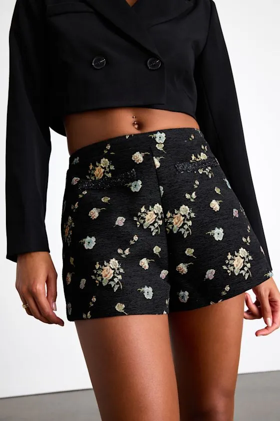 Iskra Black Floral Jacquard High-Rise Micro Shorts sold by Lulus product image thumbnail 2