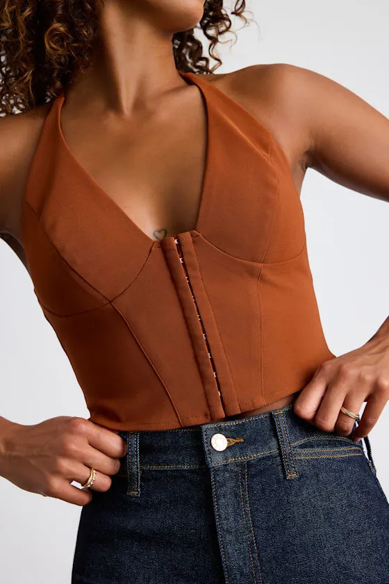 Adeema Rust Brown Hook-and-Eye Halter Crop Top sold by Lulus
