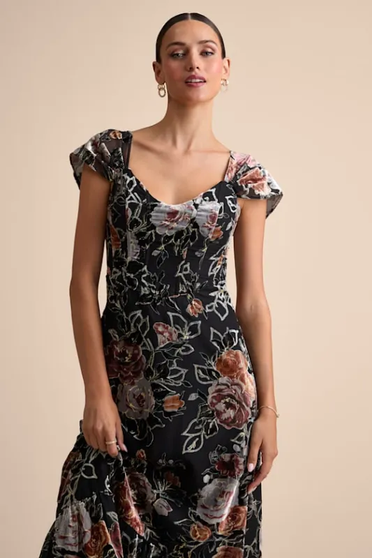 Composed Beauty Black Burnout Velvet Floral Midi Dress sold by Lulus