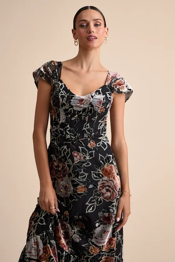 Composed Beauty Black Burnout Velvet Floral Midi Dress sold by Lulus